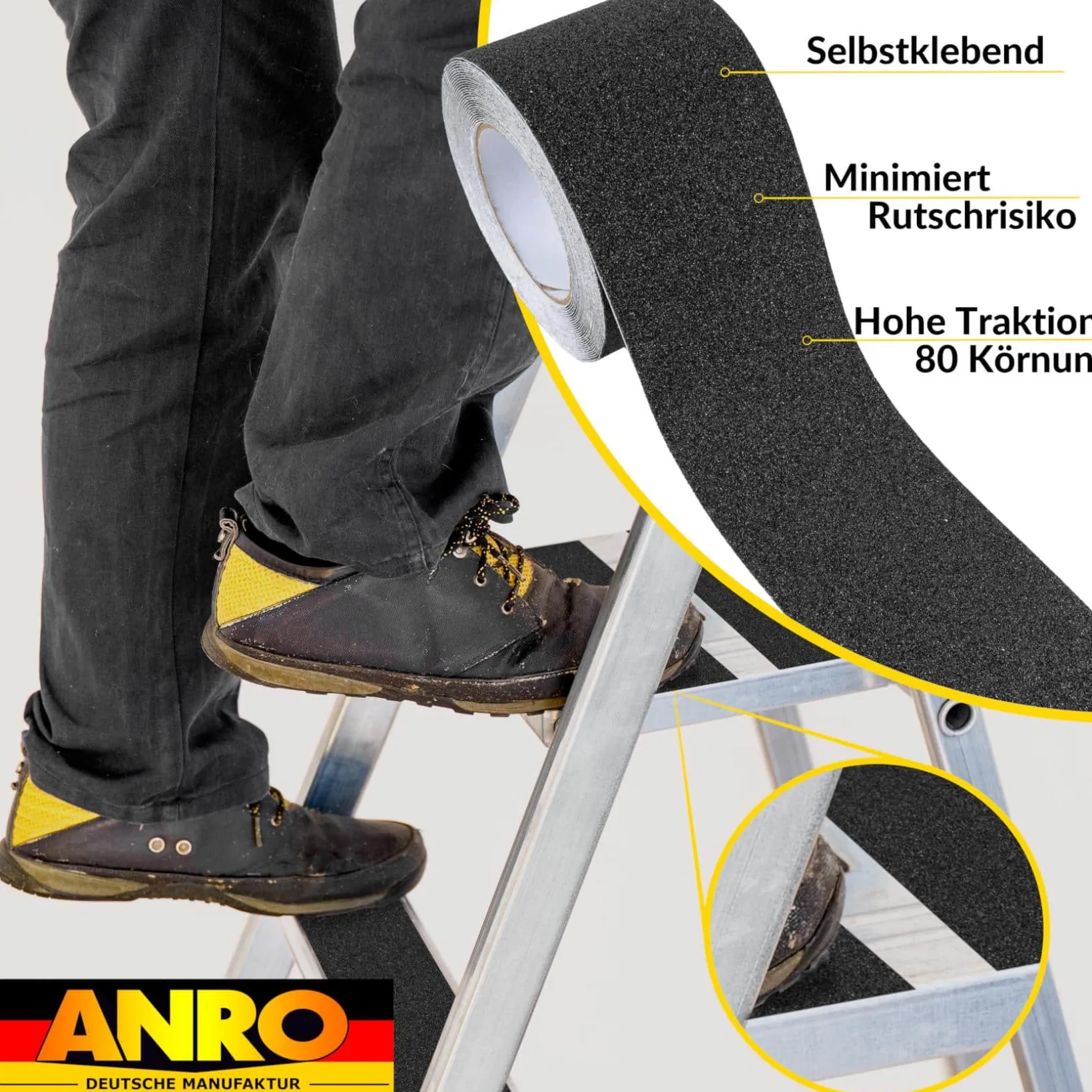 Antirutsch Klebeband selbstklebend anti-rutsch Tape Band Klebestreifen FixoFlex Breite 5 & 10cm Schwarz 10m Rolle