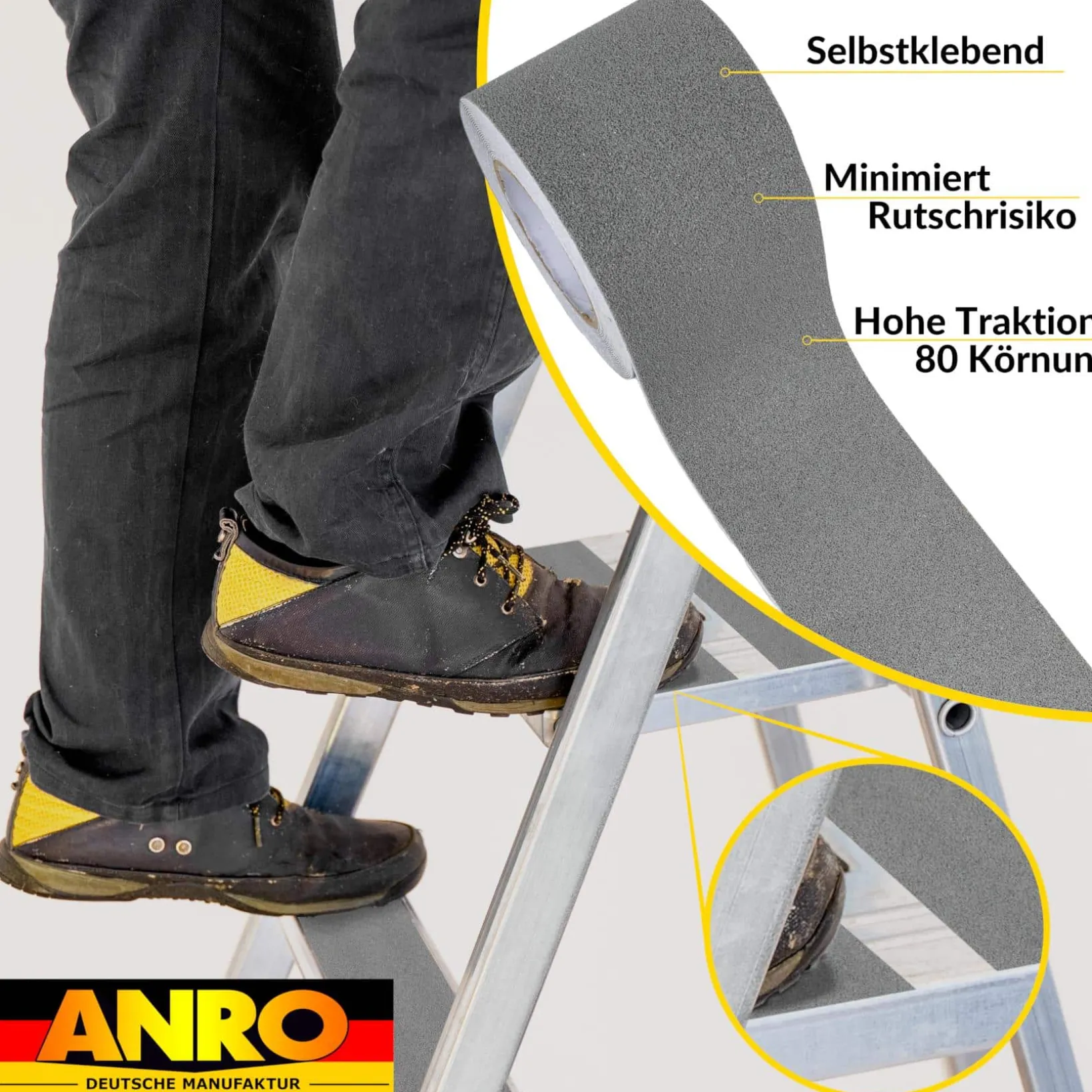 Antirutsch Klebeband selbstklebend anti-rutsch Tape Band Klebestreifen FixoFlex Breite 5 & 10cm Grau 10m Rolle