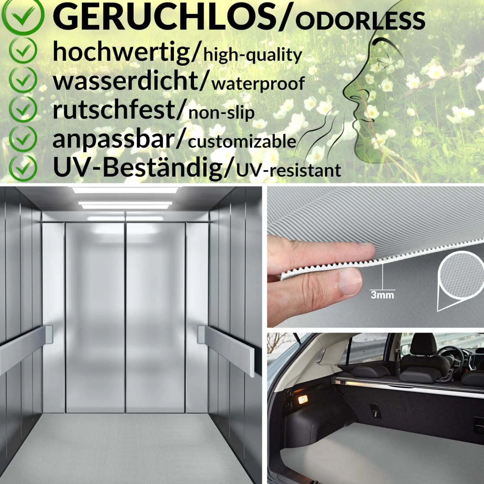 Gummimatte Gummiläufer Feinriefen Grau 3mm 100cm Breit auf TPE, Geruchslos – Bodenbelag, Bodenmatte