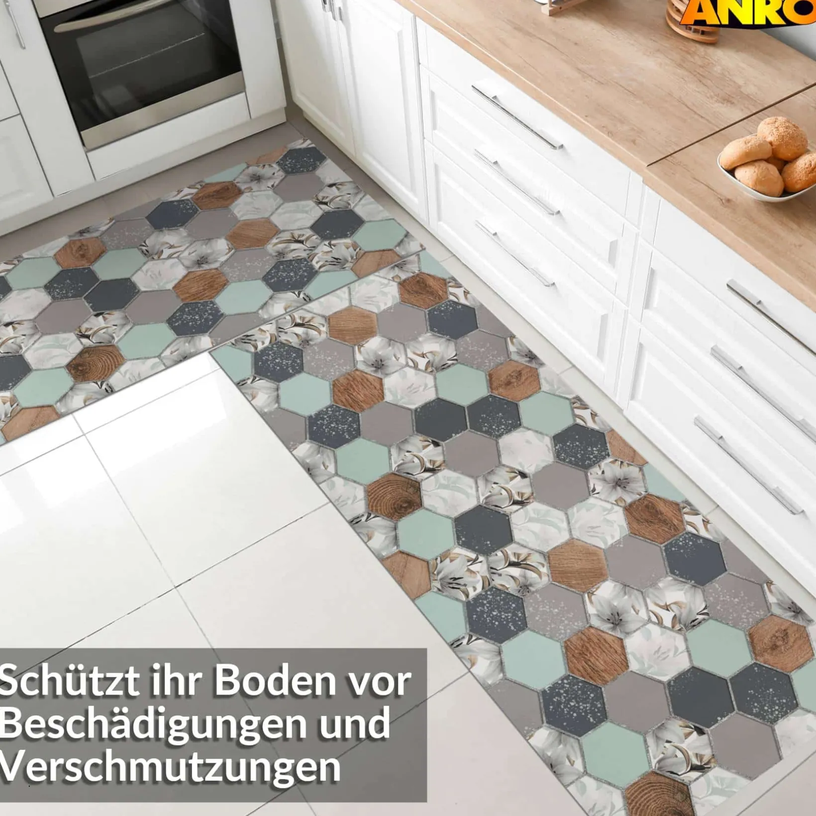 Küchenläufer abwaschbar Küchenteppich rutschfest Teppichläufer Läufer Flur pflegeleicht Nordic Hexa 52cm Breite