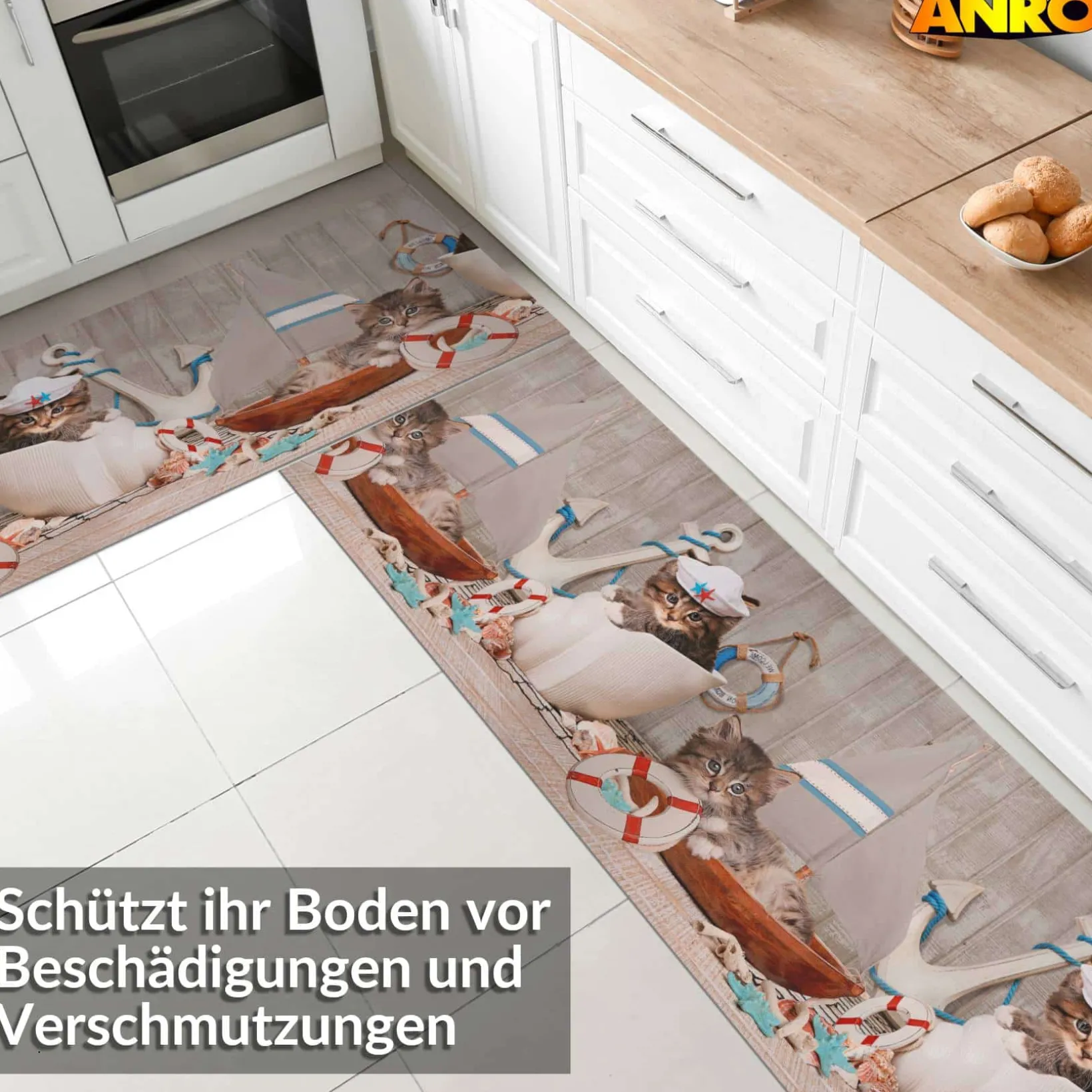 Küchenläufer abwaschbar Küchenteppich rutschfest Teppichläufer Läufer Flur pflegeleicht kleine Matrosen 52cm Breite