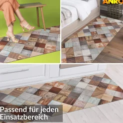 Küchenläufer abwaschbar Küchenteppich rutschfest Teppichläufer Läufer Flur pflegeleicht Holz Patchwork 52cm Breite