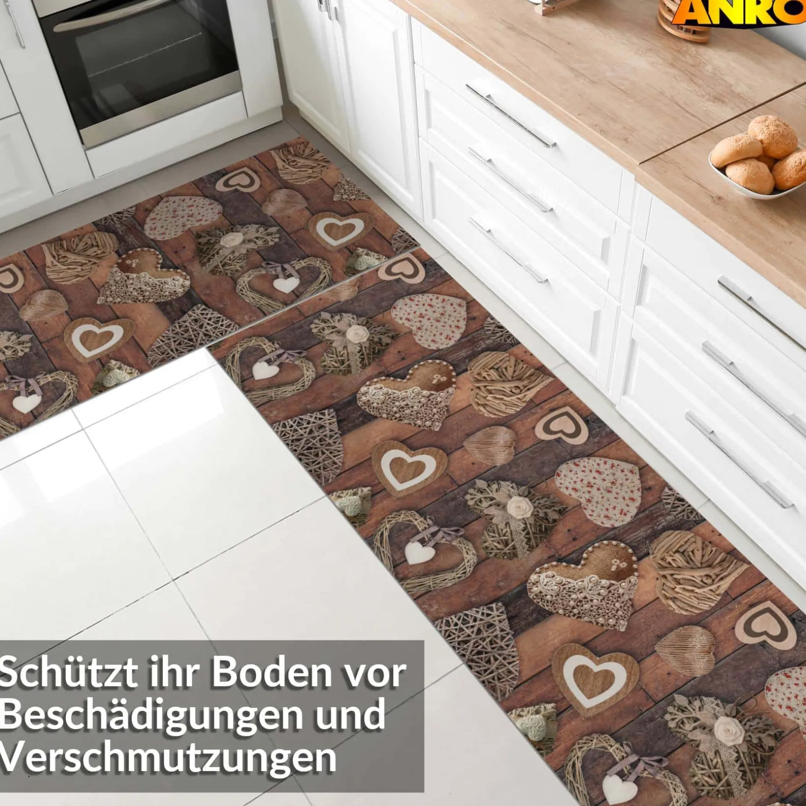 Küchenläufer abwaschbar Küchenteppich rutschfest Teppichläufer Läufer Flur pflegeleicht Holz Liebe 52cm Breite