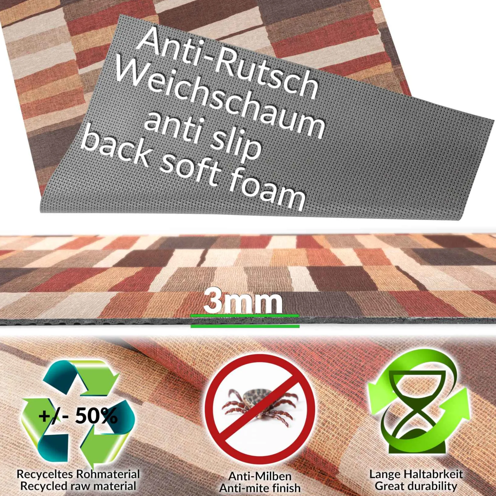Küchenläufer abwaschbar Teppichläufer Flur Läufer Patchwork rutschfest Breite 65cm Meterware