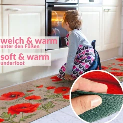 Küchenläufer Küchenteppich Läufer Flur Teppichläufer Sprinty Mohnblumen Jute 52cm Breite