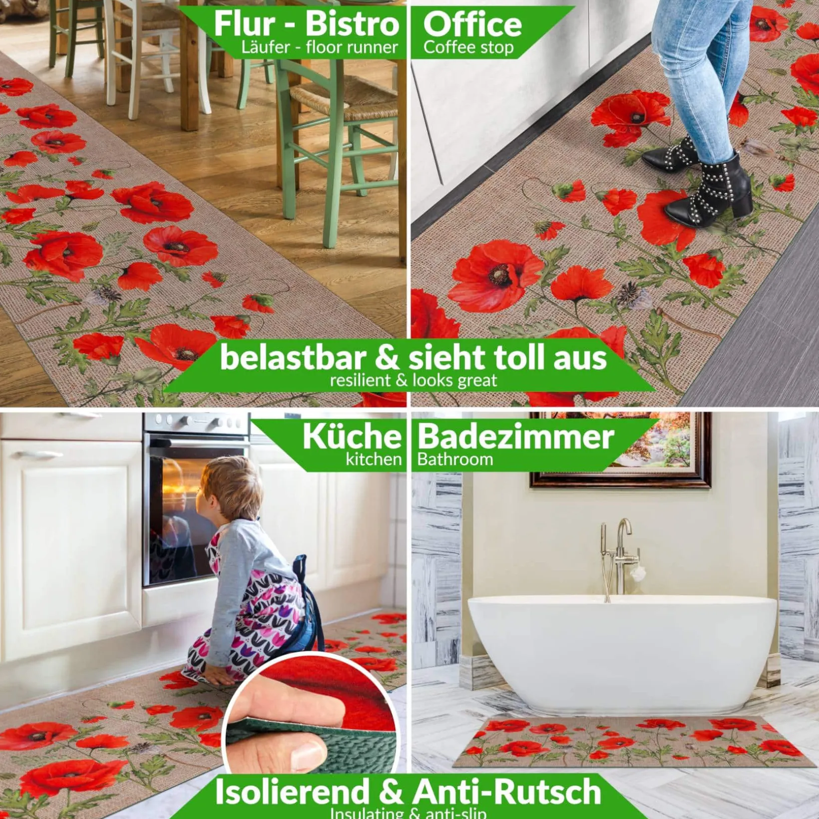 Küchenläufer Küchenteppich Läufer Flur Teppichläufer Sprinty Mohnblumen Jute 52cm Breite