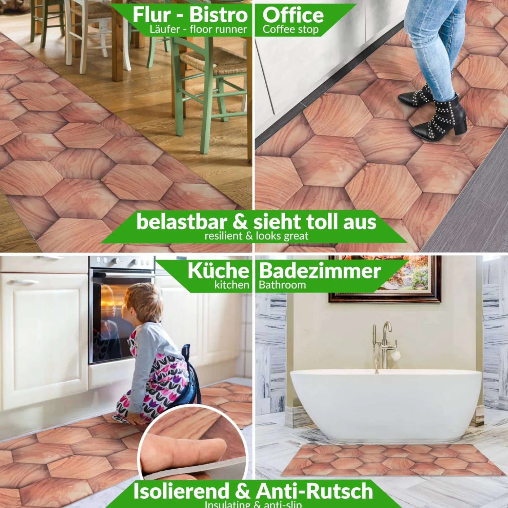 Küchenläufer Küchenteppich Läufer Flur Teppichläufer Holzoptik Geometrie Beige