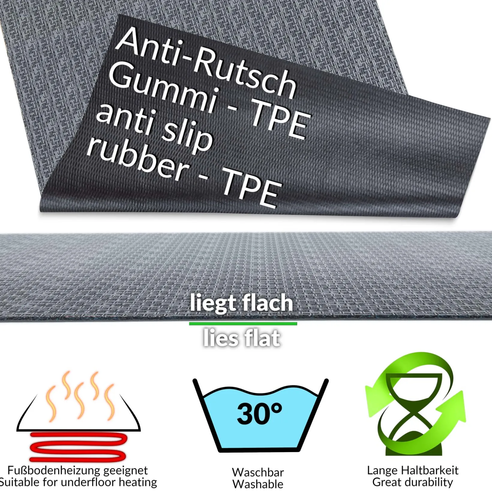 Küchenläufer Küchenteppich Läufer Flur 3-Schicht Premium Flechtoptik Grau