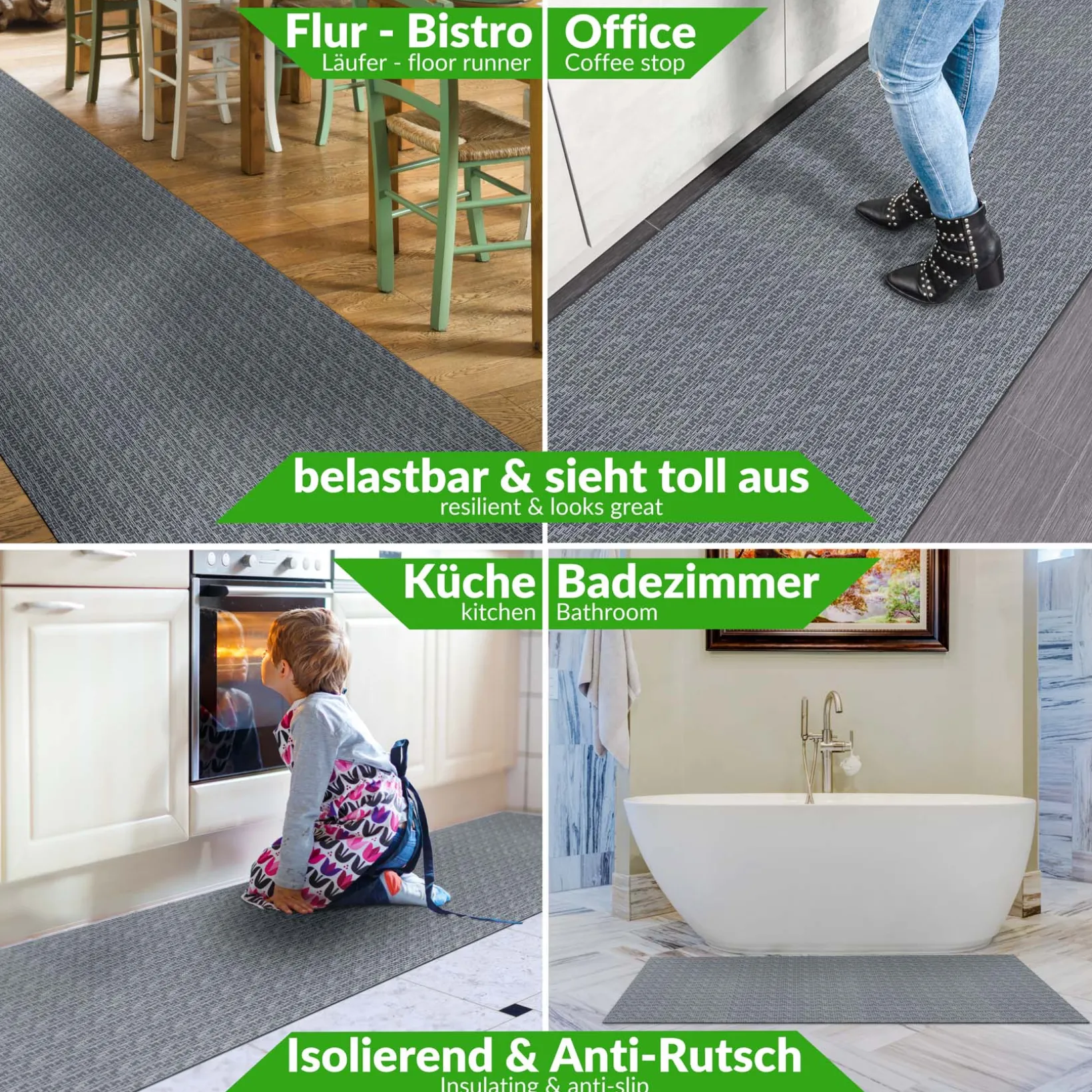 Küchenläufer Küchenteppich Läufer Flur 3-Schicht Premium Flechtoptik Grau