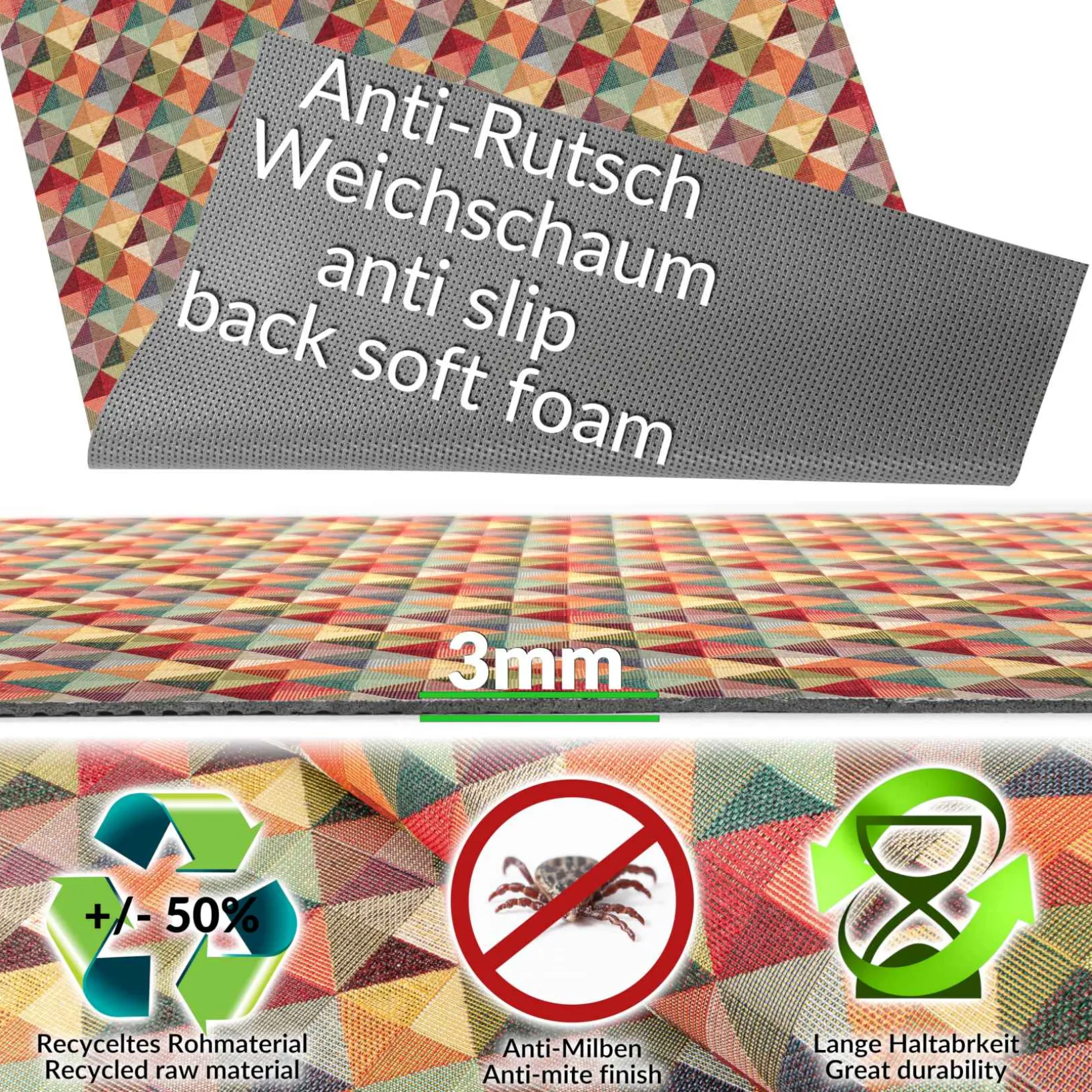 Küchenläufer Teppichläufer Flur Läufer rutschfest Rauten Breite 65cm Meterware