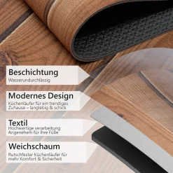 Küchenläufer Teppich Läufer Flurteppich waschbar rutschfest Holzoptik Braun Breite 65cm