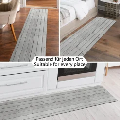 Küchenläufer Teppich Läufer Flurteppich waschbar rutschfest Holzoptik Grau Breite 65cm