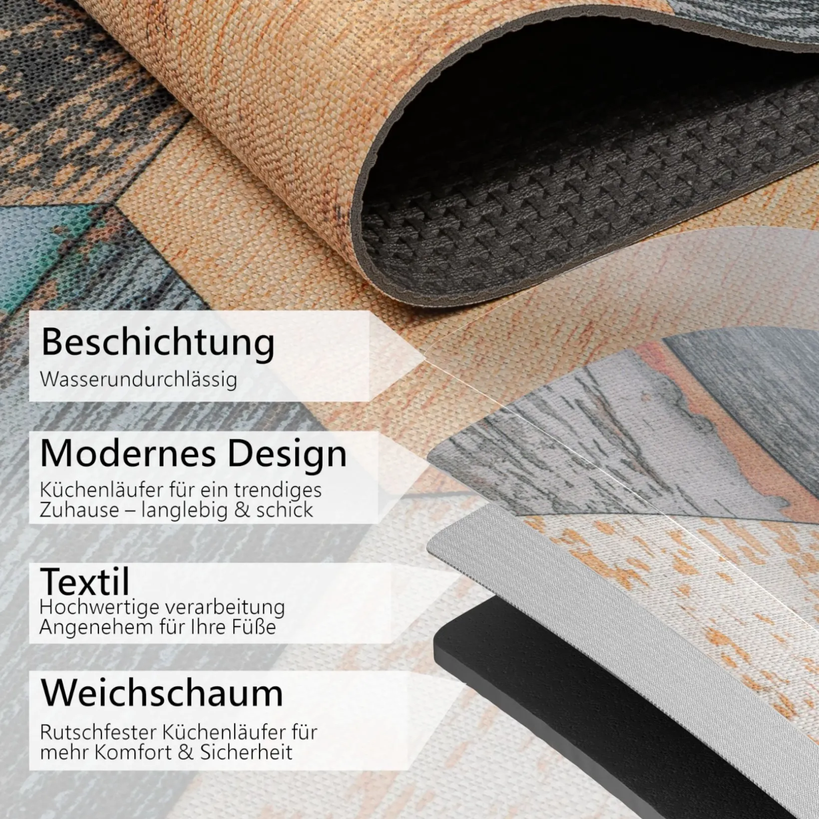 Küchenläufer Teppich Läufer Flurteppich waschbar rutschfest Modern Breite 65cm