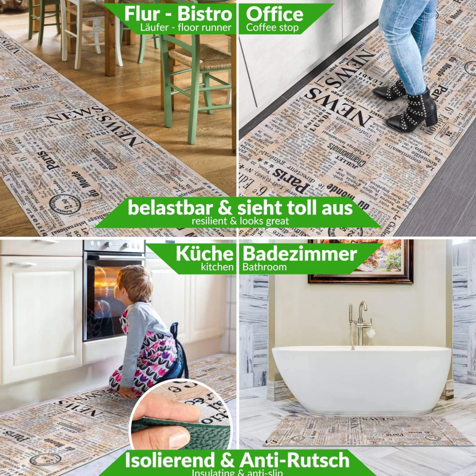 Küchenläufer waschbar Küchenteppich rutschfest Sprinty Newspaper 52cm Breite