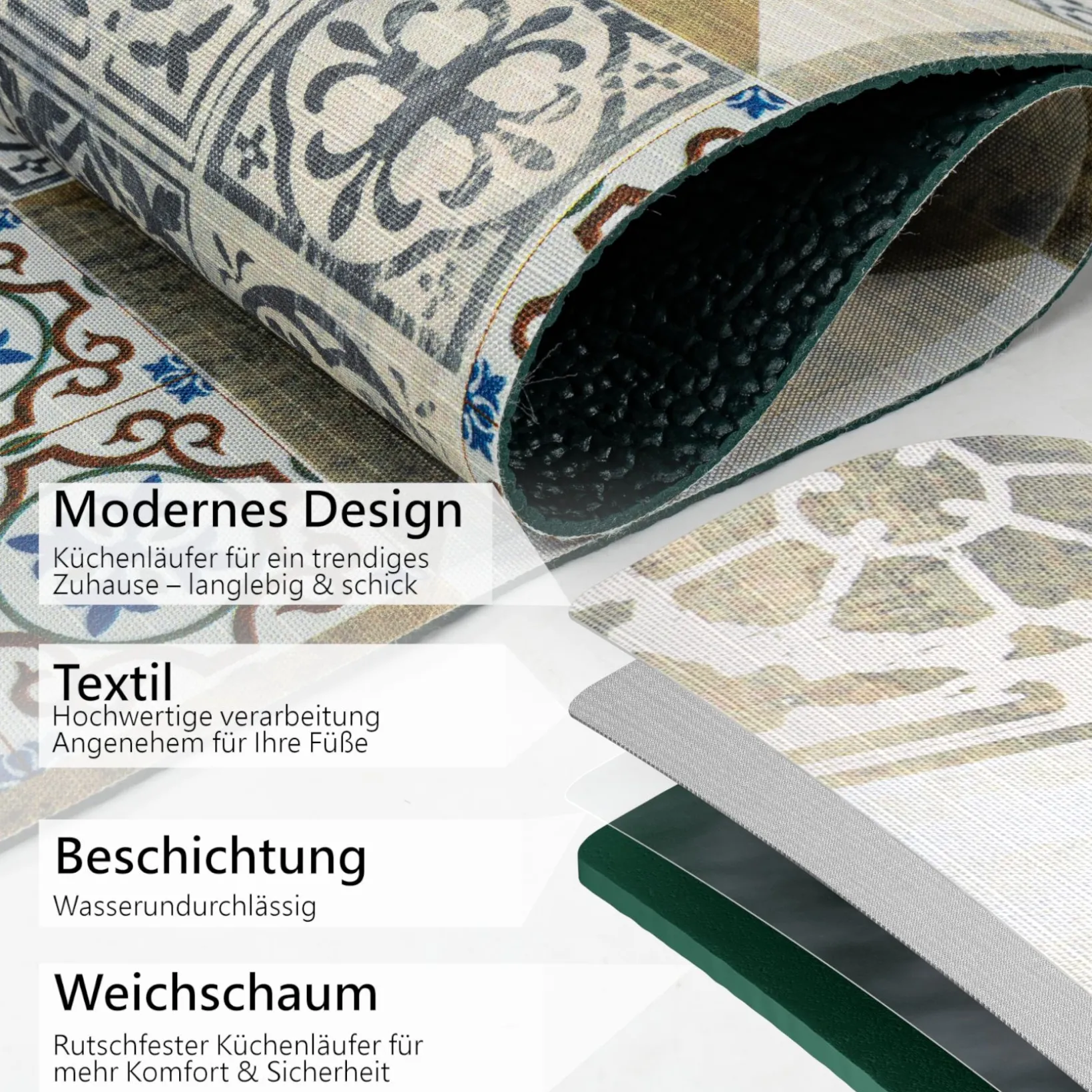 Küchenläufer waschbar Textil + PVC Küchenteppich rutschfest Sprinty Chicco Doro Mehrfarbig 50cm Breit