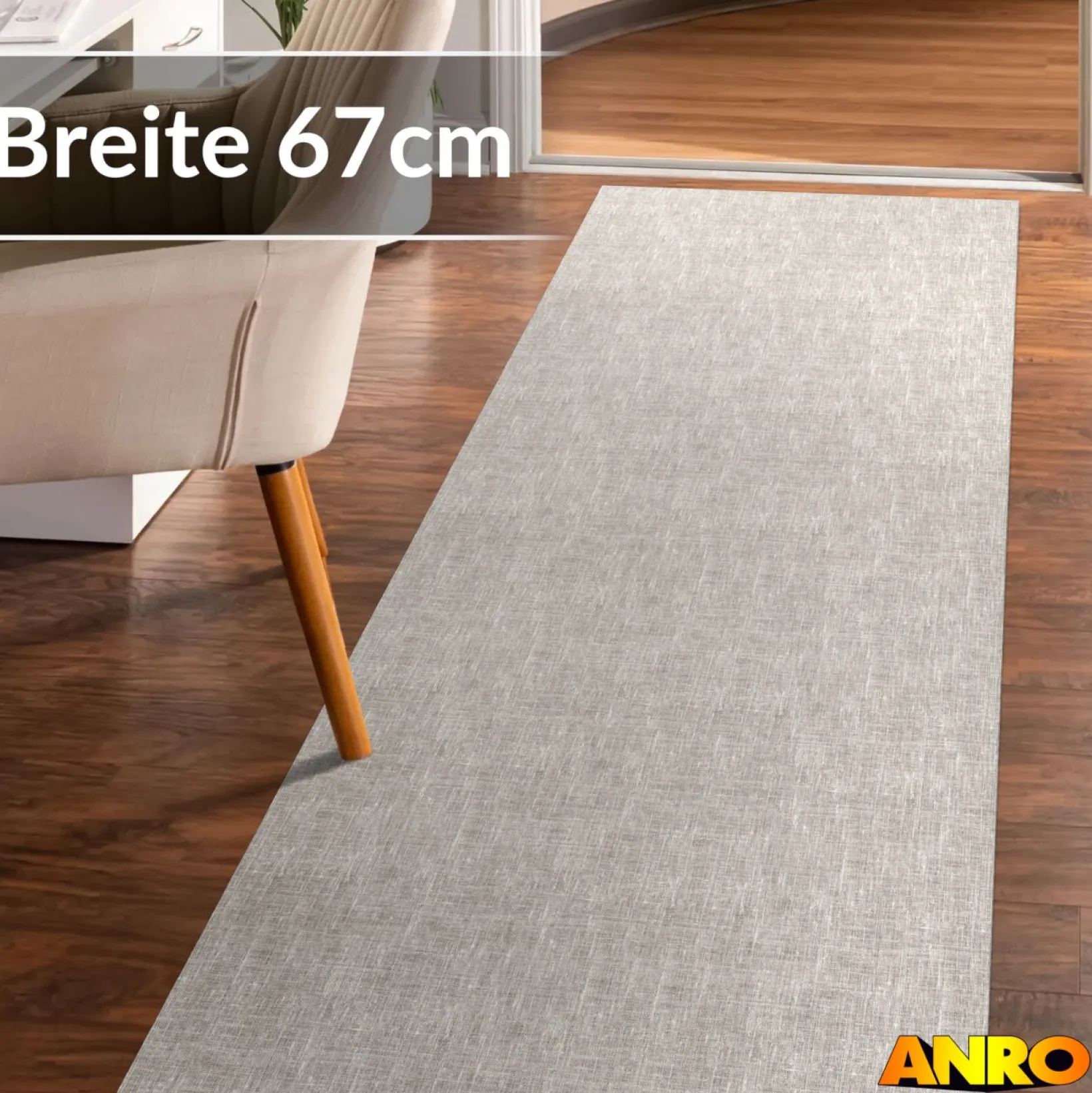 Küchenteppich Küchenläufer abwaschbar Teppichläufer Küche rutschfest Flur Läufer pflegeleicht Uni Grau Breite 67cm