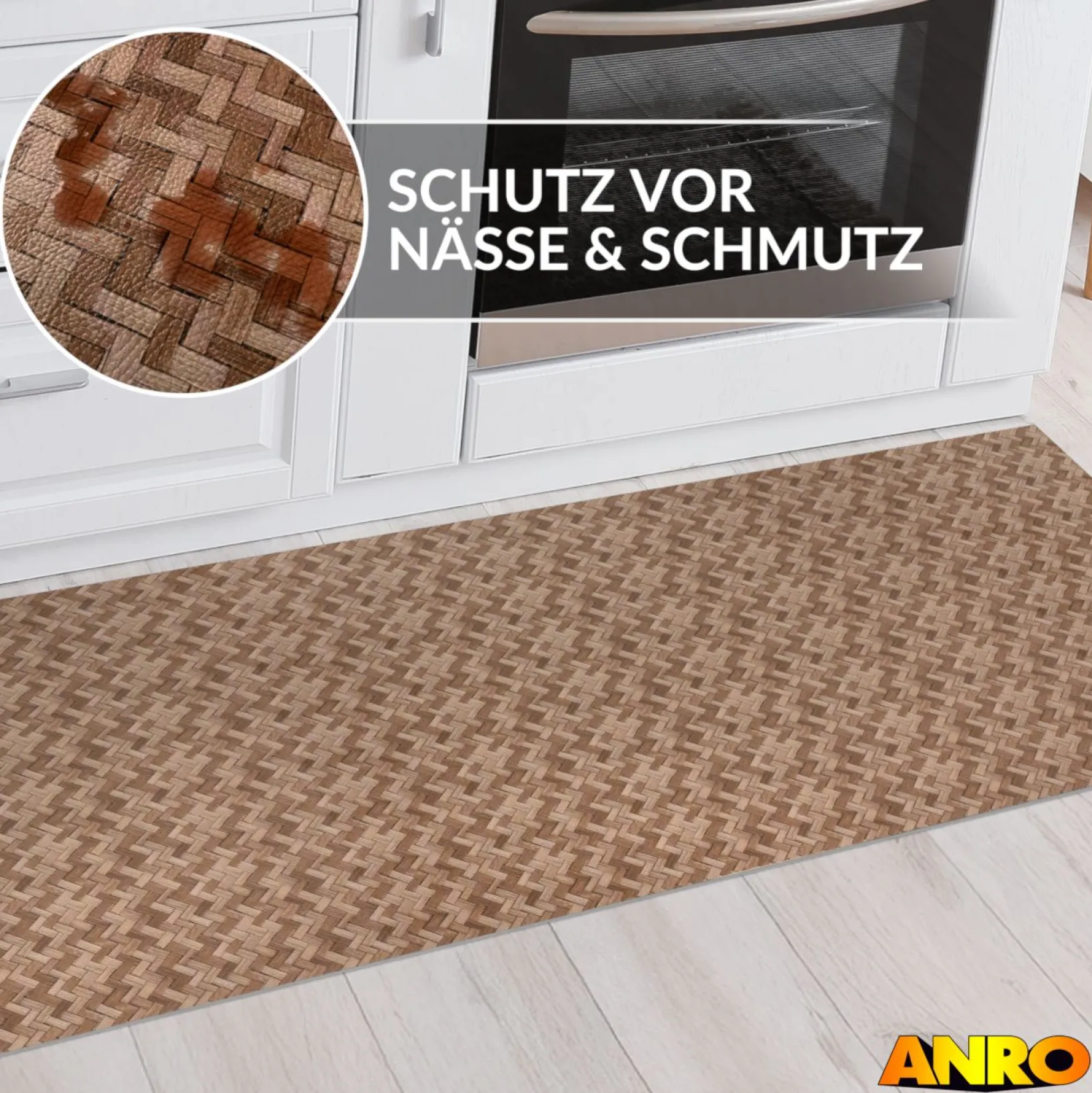 Küchenteppich Küchenläufer abwaschbar Teppichläufer Küche rutschfest Flur Läufer pflegeleicht Rattanoptik Breite 67cm
