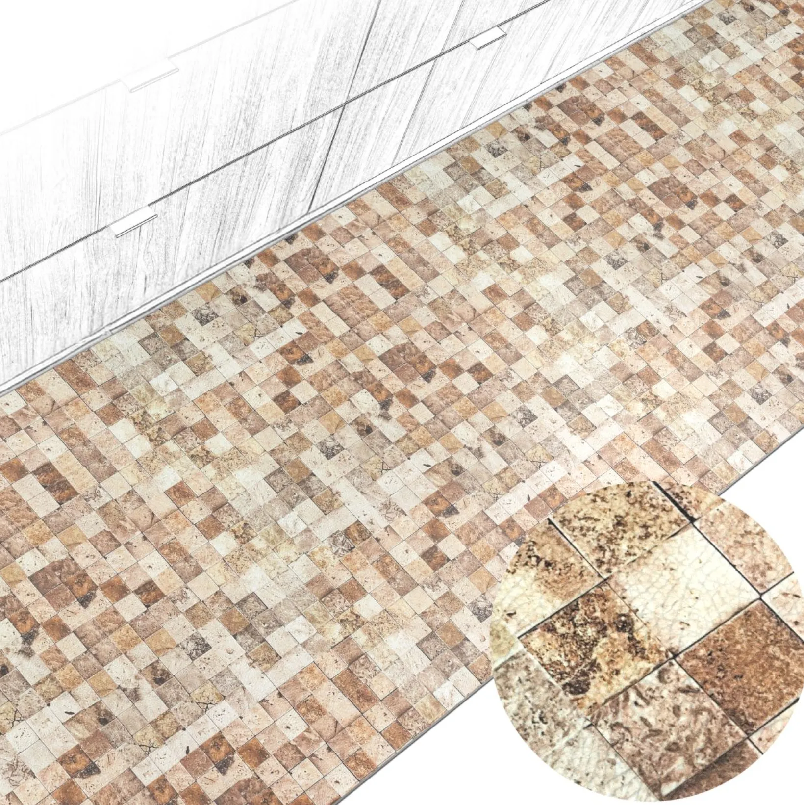 Küchenteppich Küchenläufer abwaschbar Teppichläufer Küche rutschfest Flur Läufer pflegeleicht Travertin-Mosaik Breite 67cm