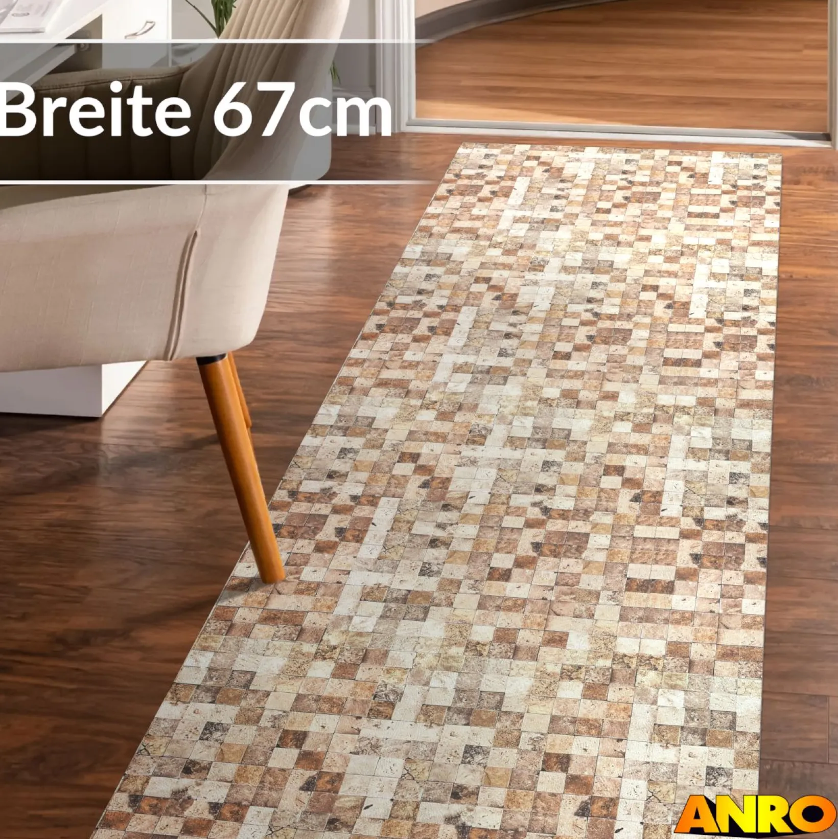 Küchenteppich Küchenläufer abwaschbar Teppichläufer Küche rutschfest Flur Läufer pflegeleicht Travertin-Mosaik Breite 67cm