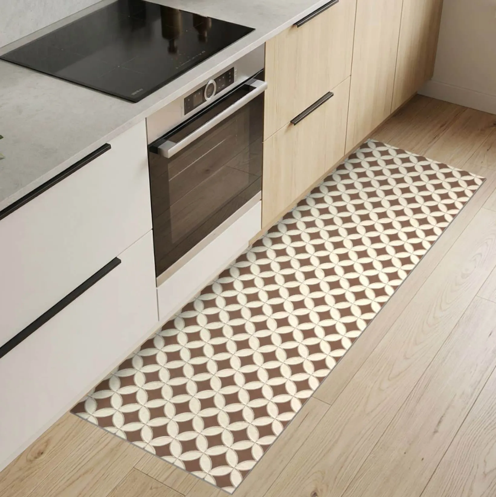 Küchenteppich Küchenläufer abwaschbar Teppichläufer Küche rutschfest Flur Läufer pflegeleicht Runde Fliesen Beige Breite 67cm