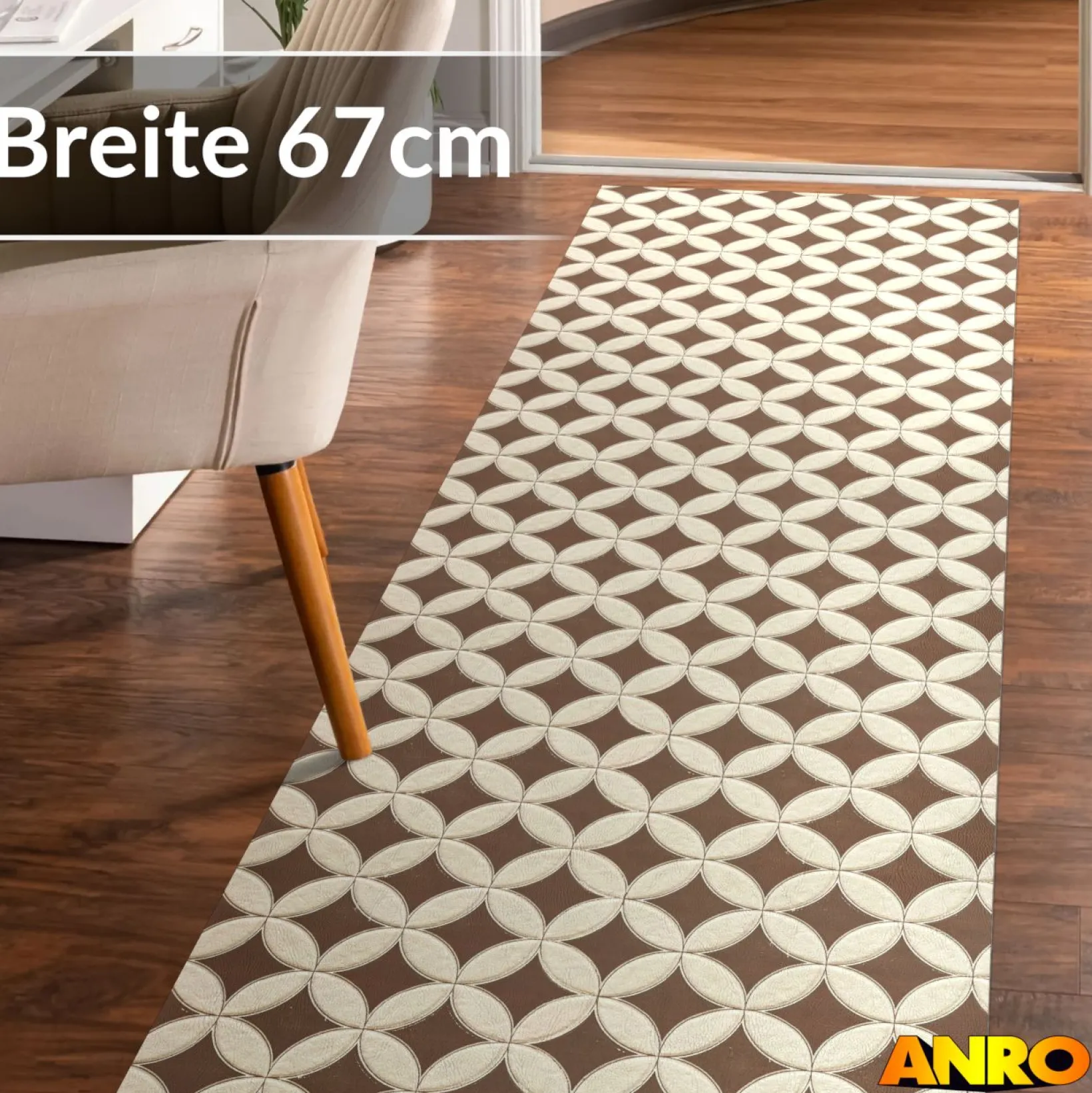 Küchenteppich Küchenläufer abwaschbar Teppichläufer Küche rutschfest Flur Läufer pflegeleicht Runde Fliesen Beige Breite 67cm