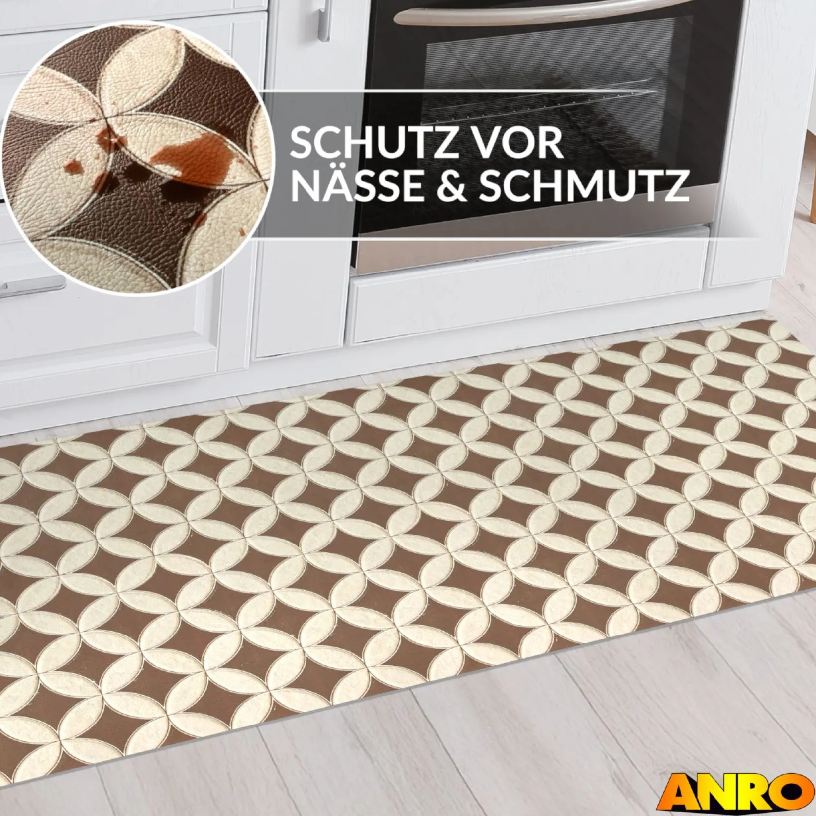 Küchenteppich Küchenläufer abwaschbar Teppichläufer Küche rutschfest Flur Läufer pflegeleicht Runde Fliesen Beige Breite 67cm