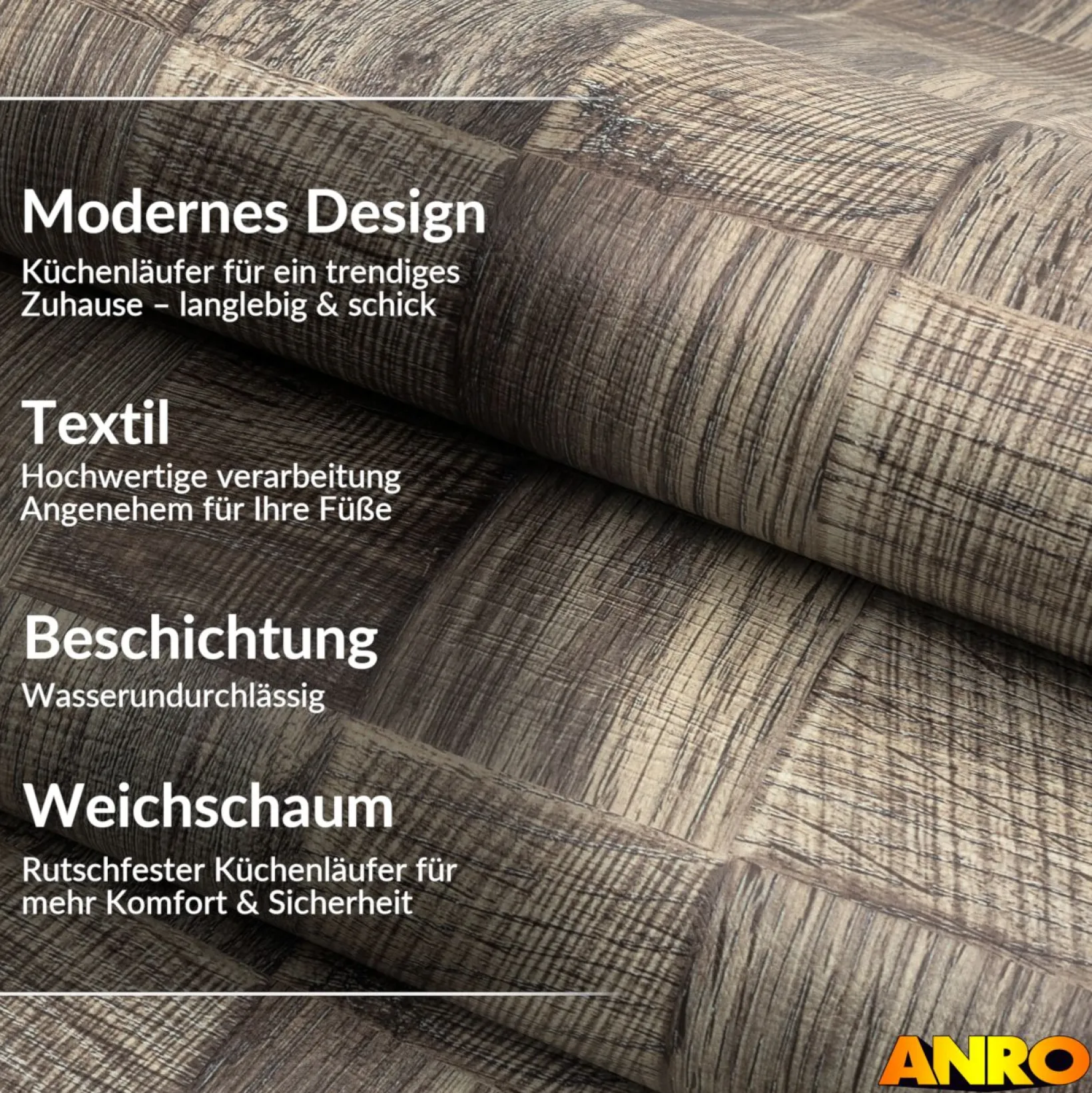 Küchenteppich Küchenläufer abwaschbar Teppichläufer Küche rutschfest Flur Läufer pflegeleicht Patchwork Holz Graubeige Breite 67cm