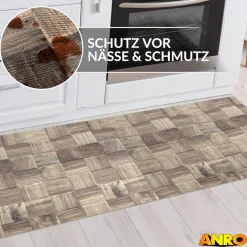 Küchenteppich Küchenläufer abwaschbar Teppichläufer Küche rutschfest Flur Läufer pflegeleicht Patchwork Holz Graubeige Breite 67cm