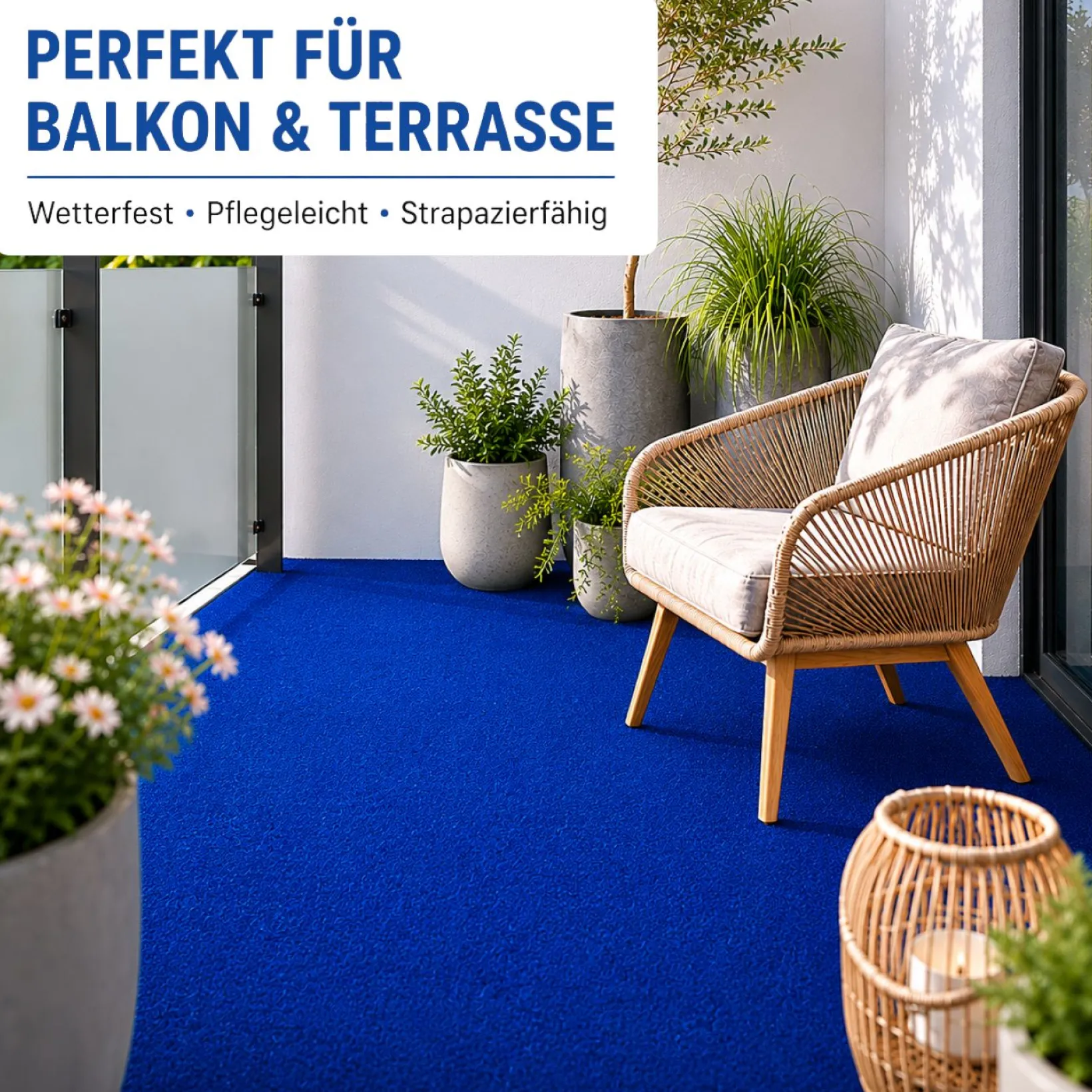 Kunstrasen Rasenteppich für Balkon Terrasse Meterware Blau