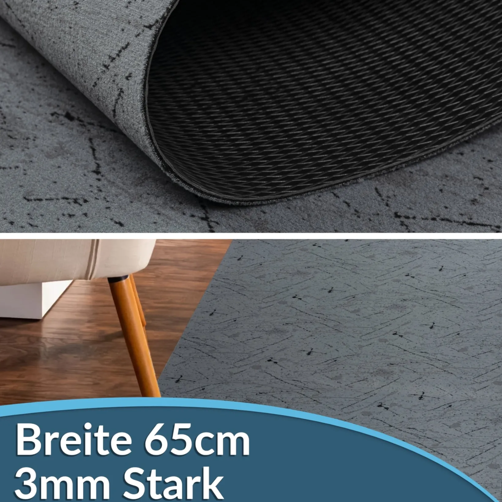 Läufer Flur Teppichläufer Küchenläufer rutschfest Velvet Grau Breite 65cm / 100cm