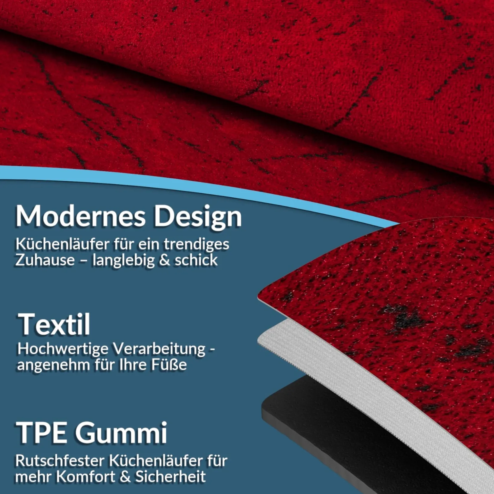 Läufer Flur Teppichläufer Küchenläufer rutschfest Velvet Rot Breite 65cm / 100cm