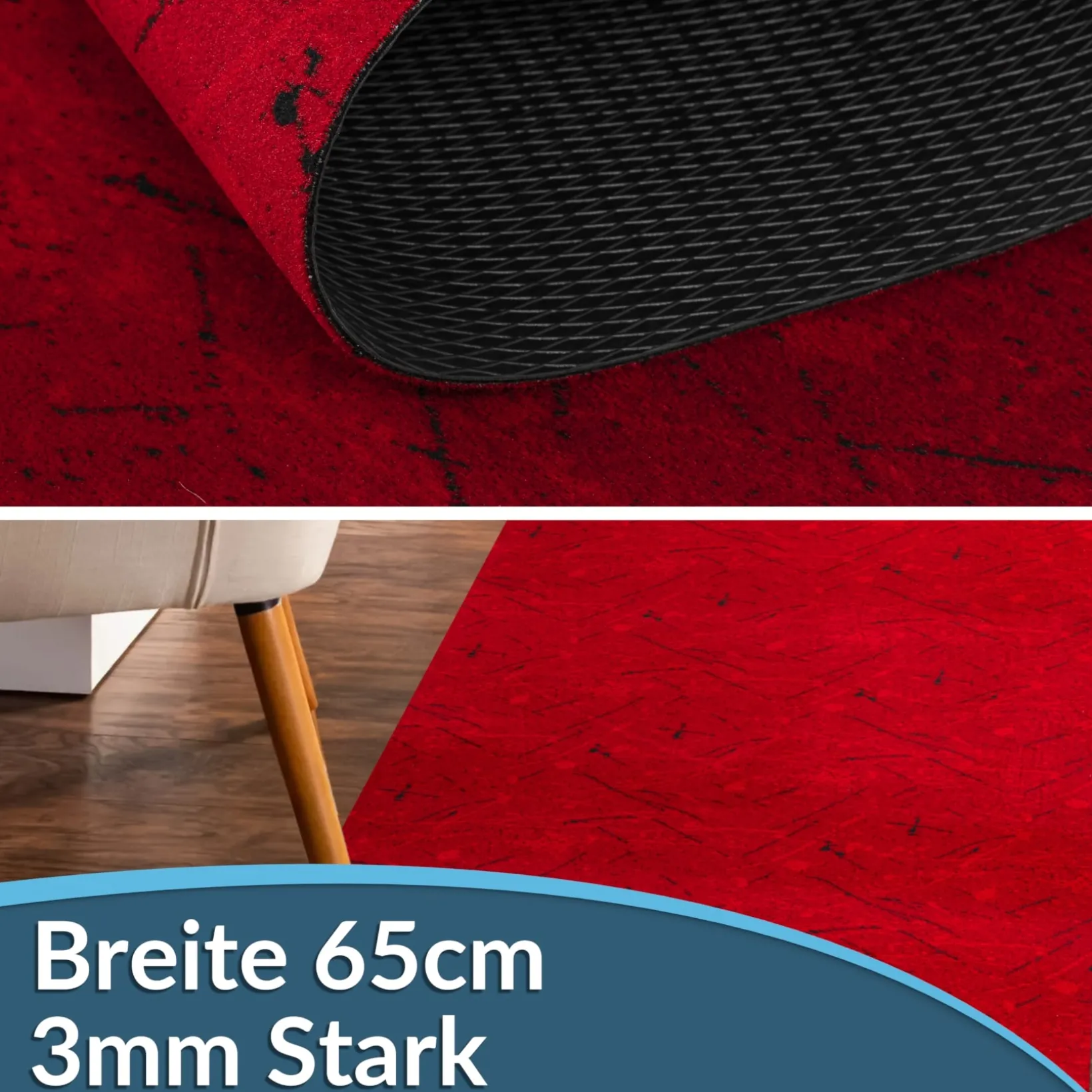 Läufer Flur Teppichläufer Küchenläufer rutschfest Velvet Rot Breite 65cm / 100cm