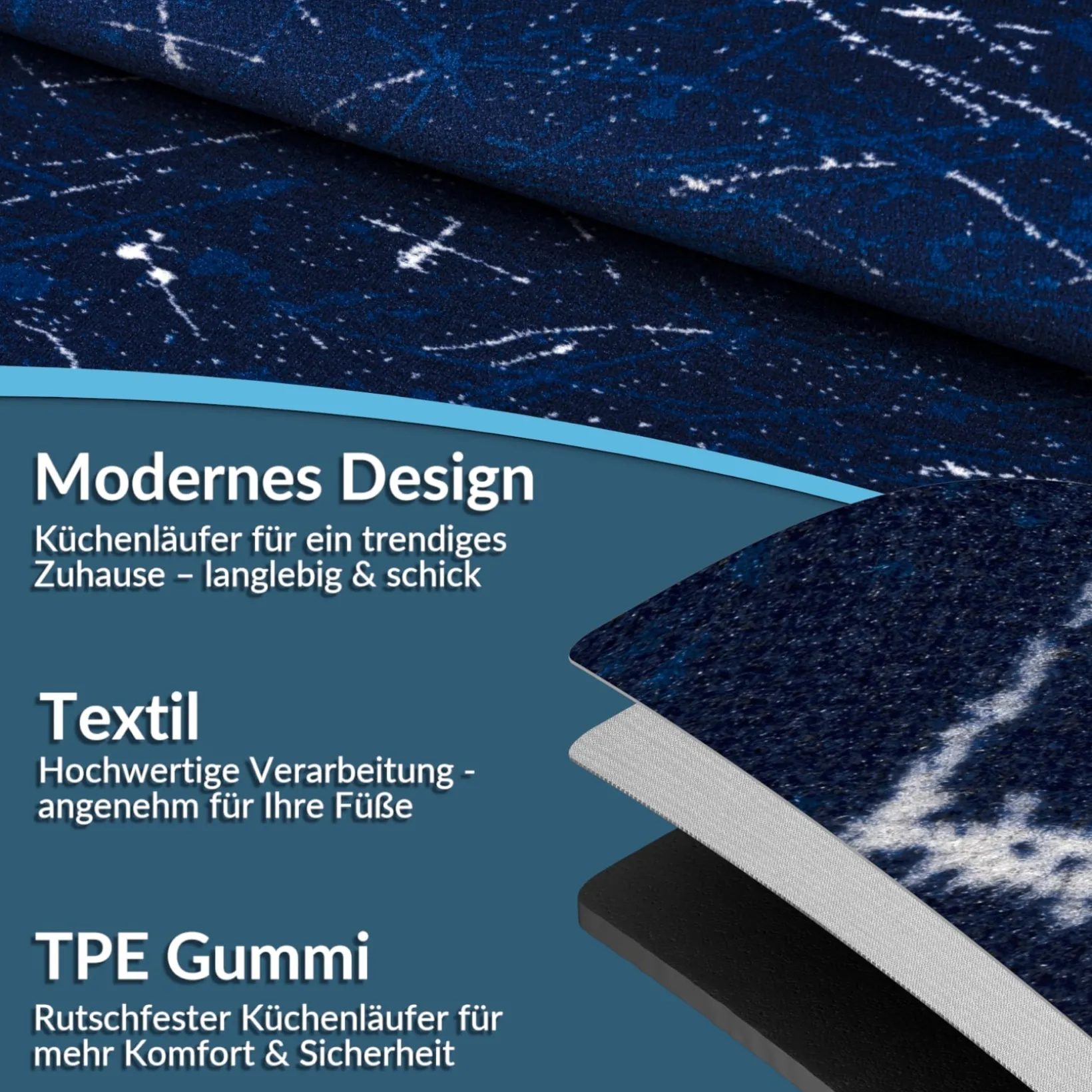 Läufer Flur Teppichläufer Küchenläufer rutschfest Velvet Blau Breite 65cm / 100cm