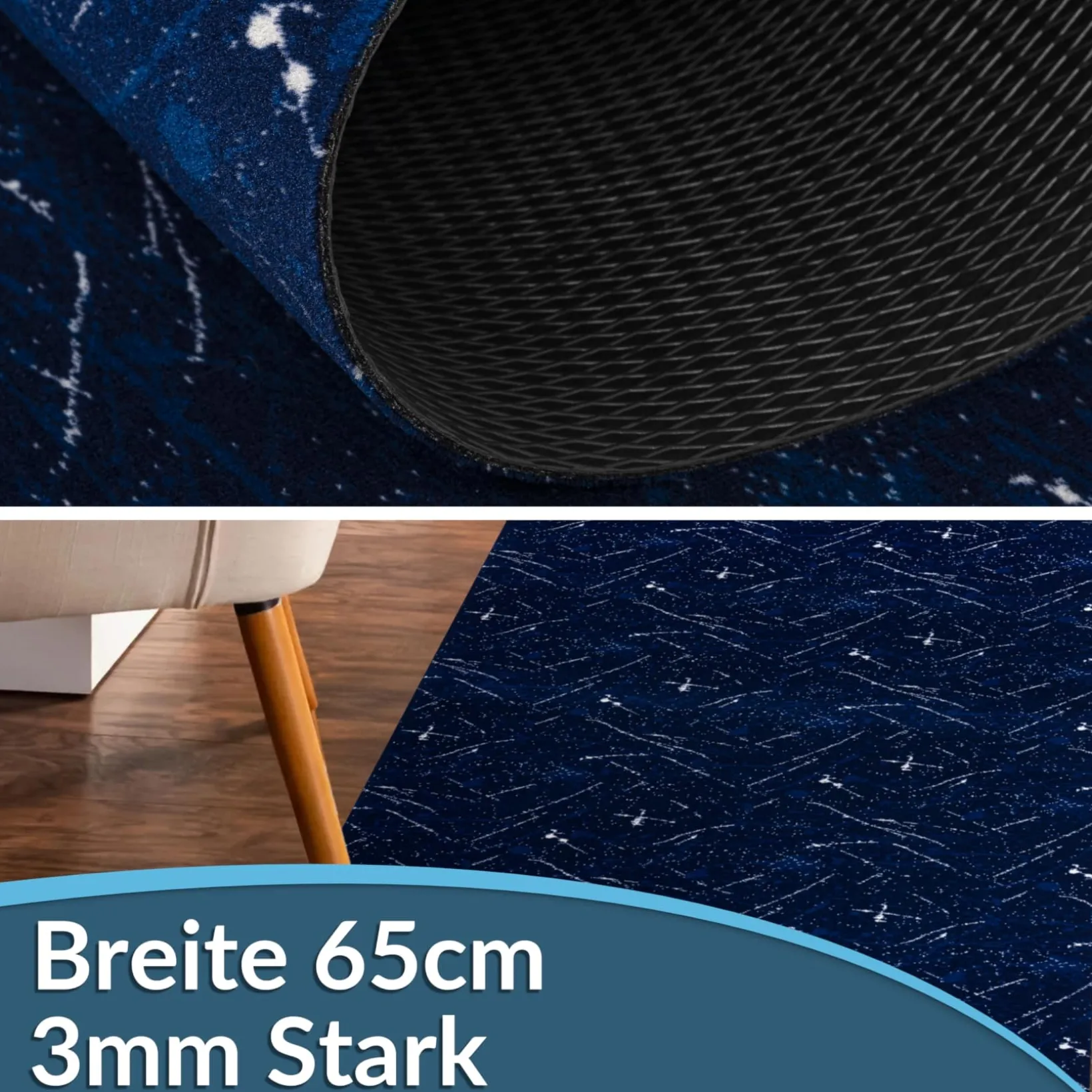 Läufer Flur Teppichläufer Küchenläufer rutschfest Velvet Blau Breite 65cm / 100cm