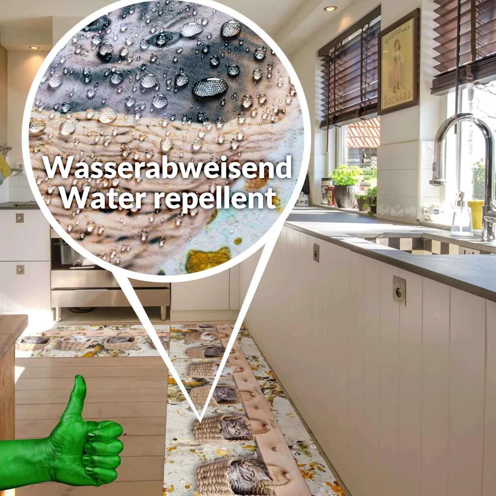 Läufer Küchen Teppich abwischbar Textil + PVC rutschfest Katzen Körbe Mehrfarbig 50cm Breit