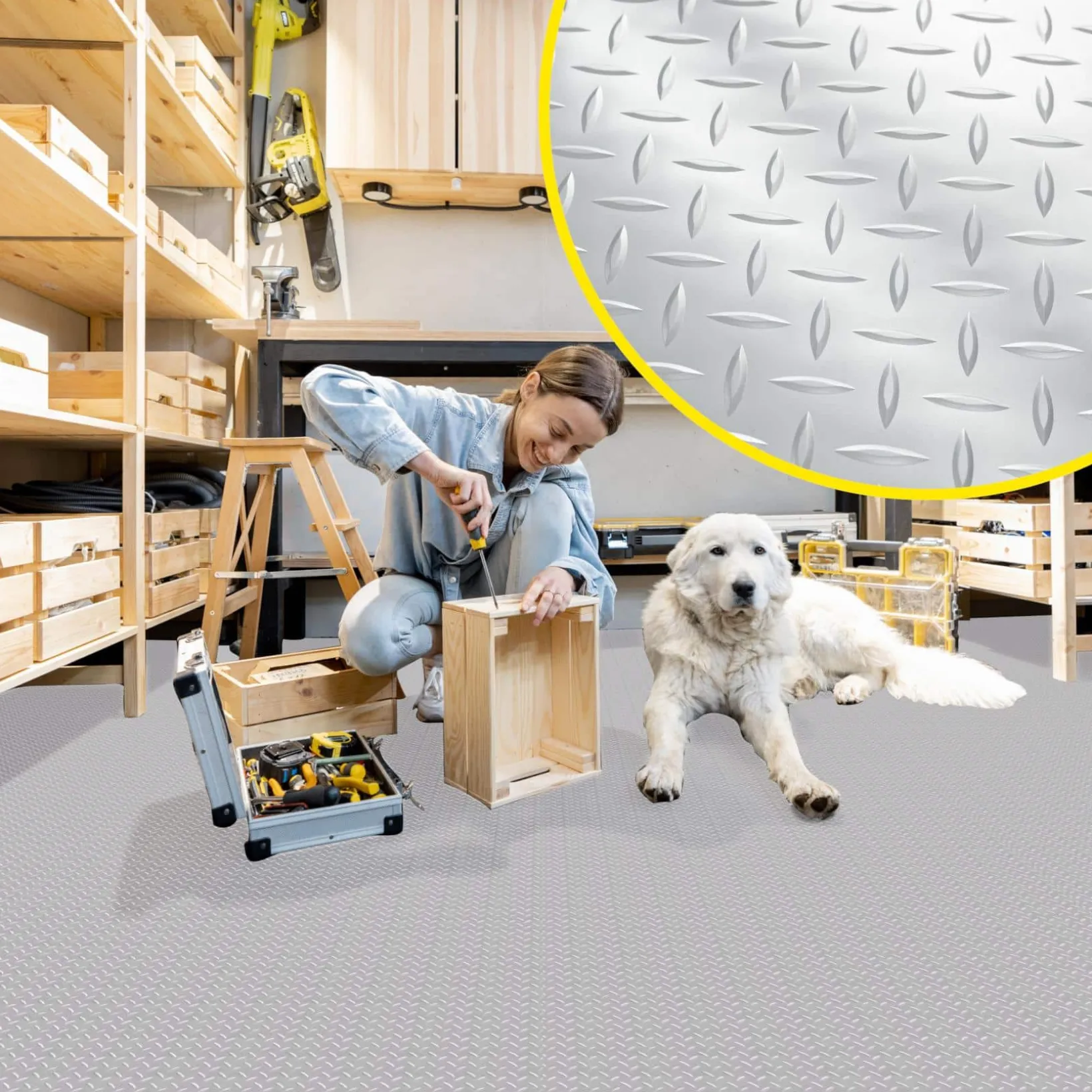 PVC Bodenbelag Meterware Antirutschmatte Vinylboden Rollenware Stärke1,5mm 100cm Breite Tränenblech Silber Breite 100cm