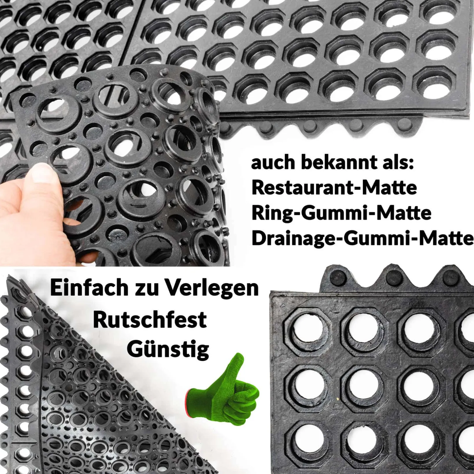Ringgummimatte Schmutzfangmatte Gummimatte mit intergriertem Verbinder 90x90cm Schwarz 14mm