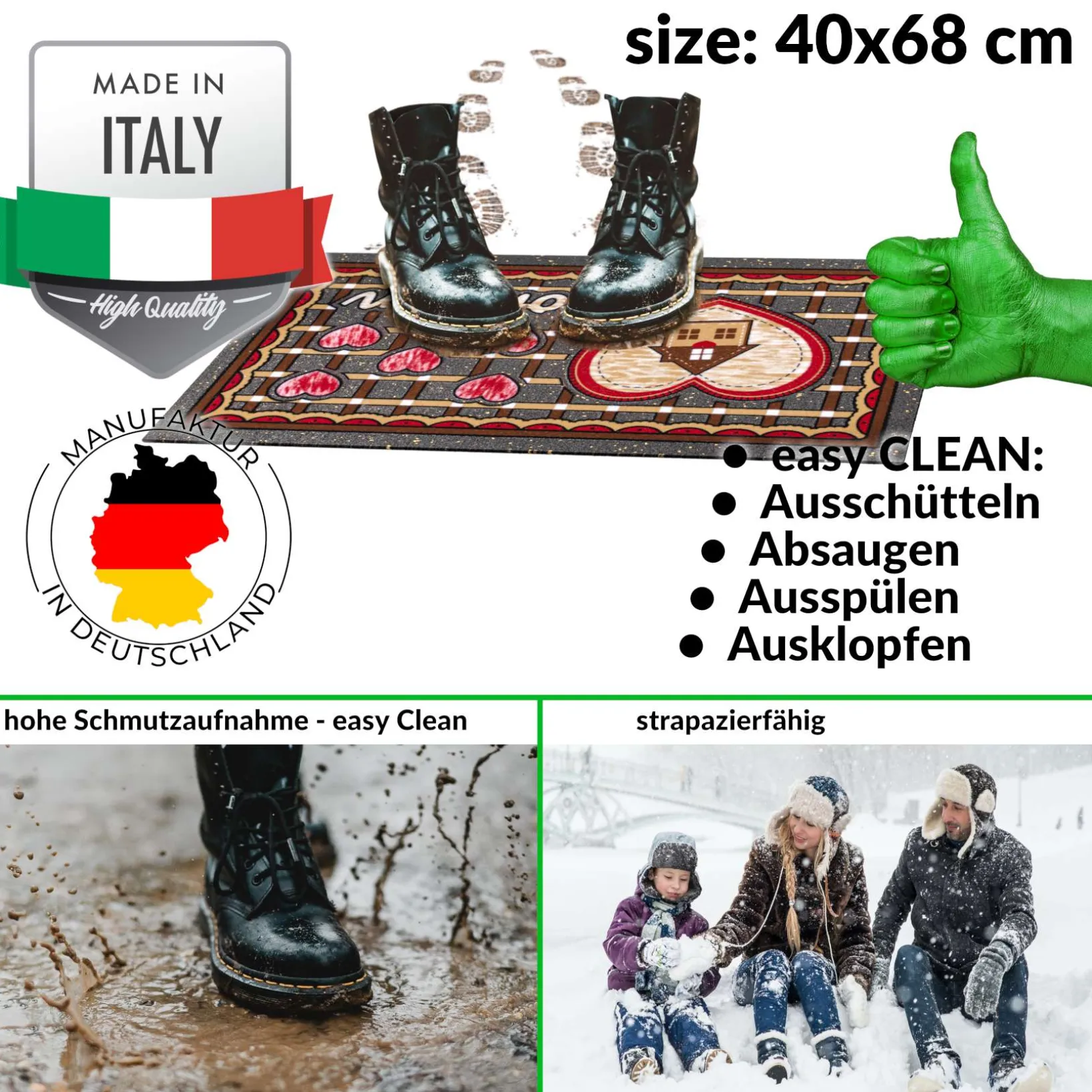 Schmutzfangmatte Fußmatte Türvorleger rutschfest Come In – Herz 40x68cm