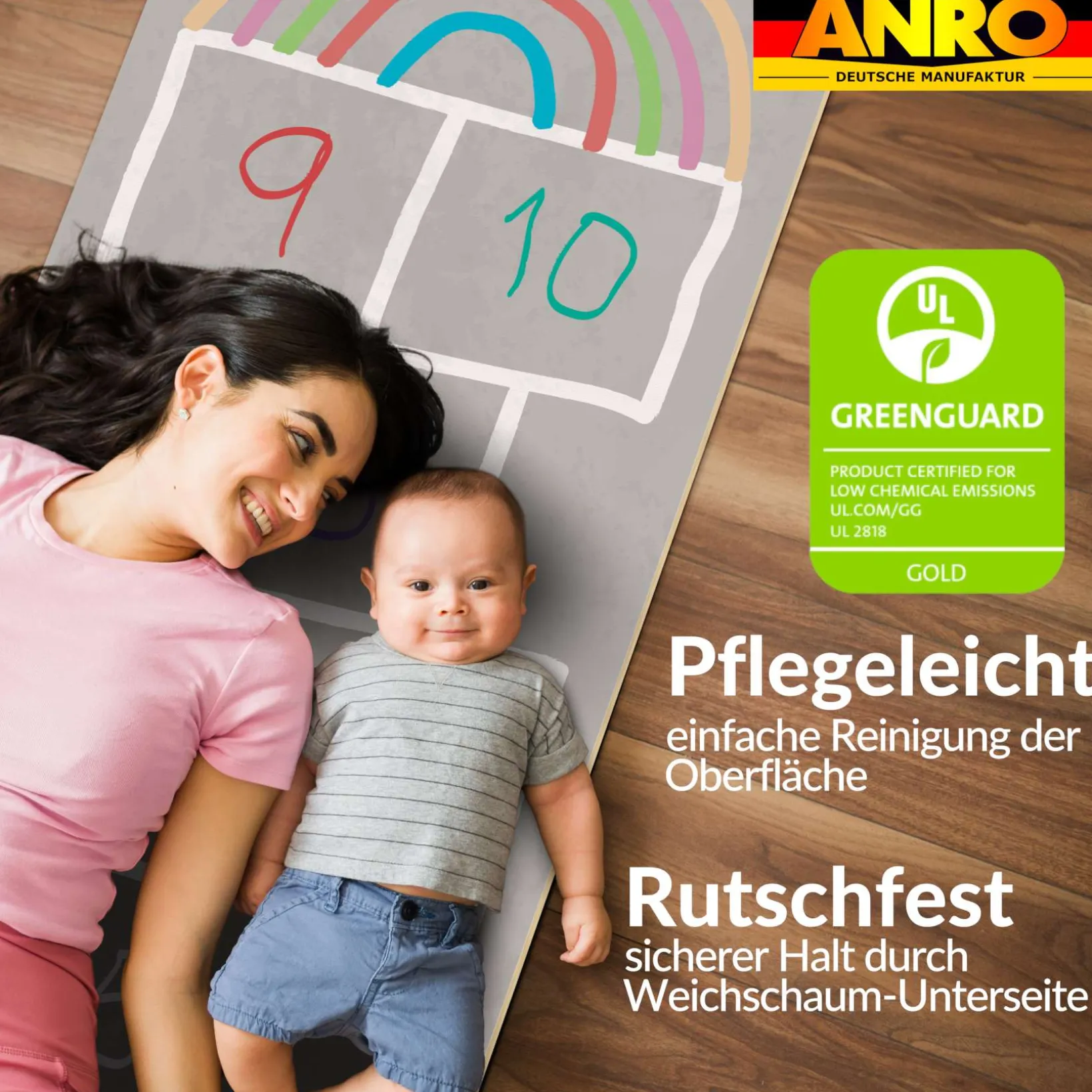 Spielmatte Hüpfspiel Teppich Läufer abwaschbar rutschfest Grau Bunt 67x240cm