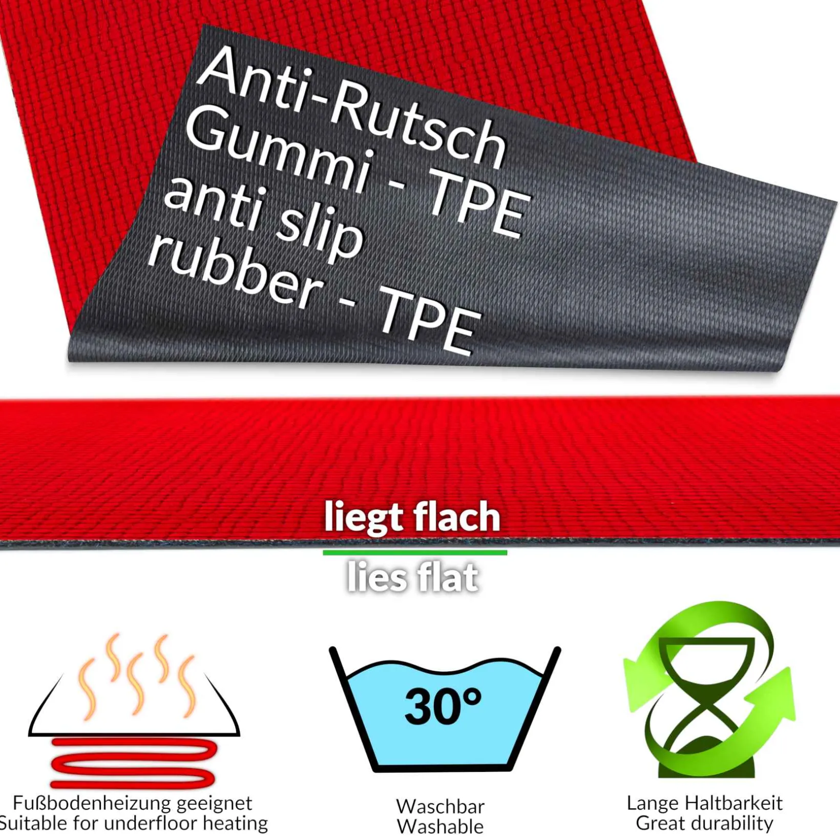 Teppichläufer Flurläufer Küchenläufer Velours rutschfest Wilson Rot 65cm Breit