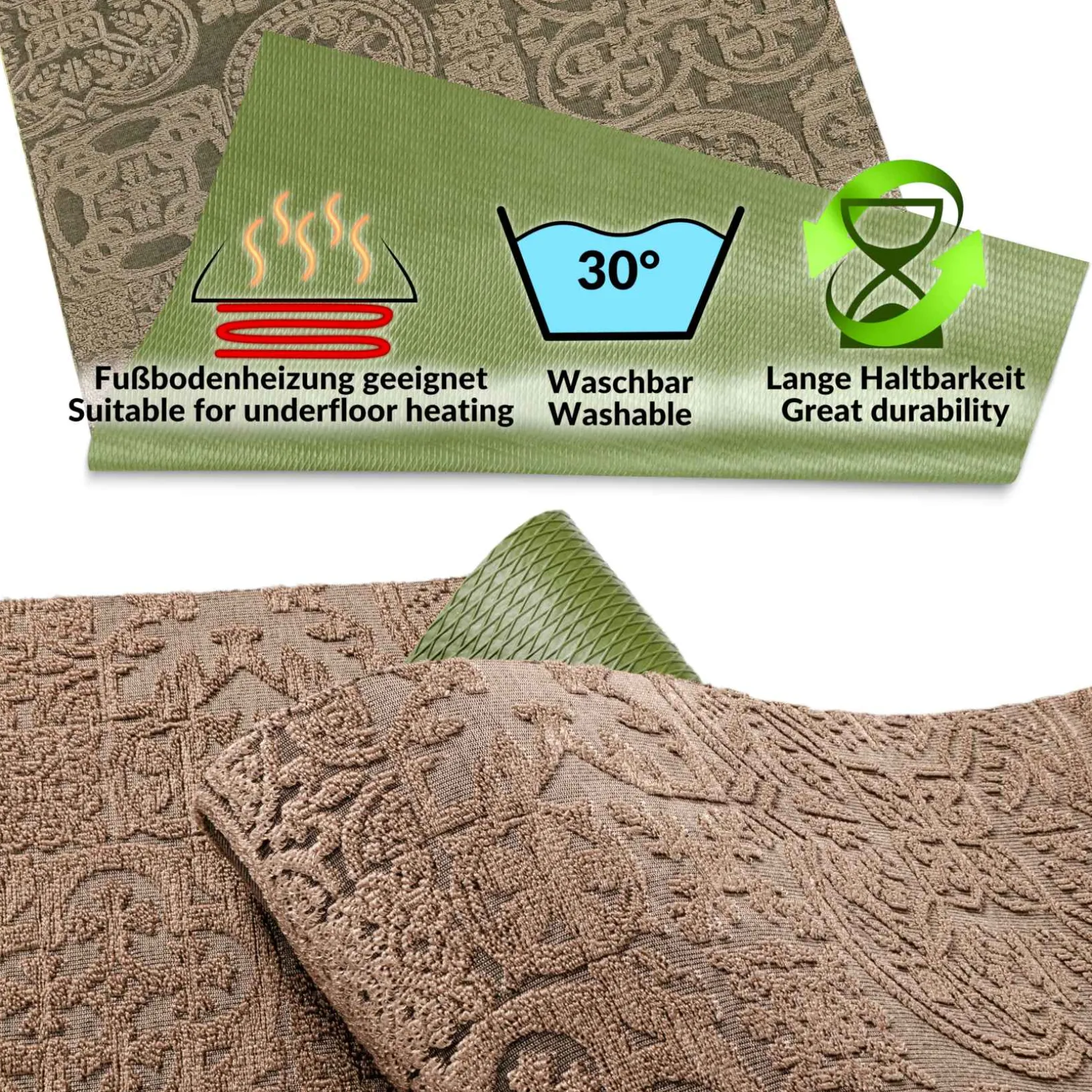 Teppichläufer Flurläufer Küchenläufer Velours waschbar rutschfest Jacquard Teppich Sisi Raku Braun 65cm Breit