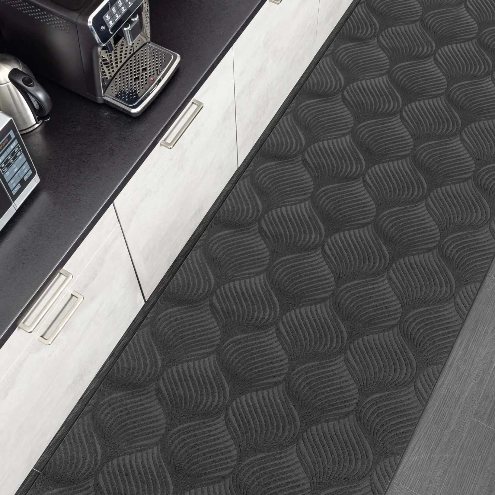 Teppichläufer Velours Küchenläufer Veloursteppich rutschfest waschbar Blätter Ornament Anthrazit 65cm Breit