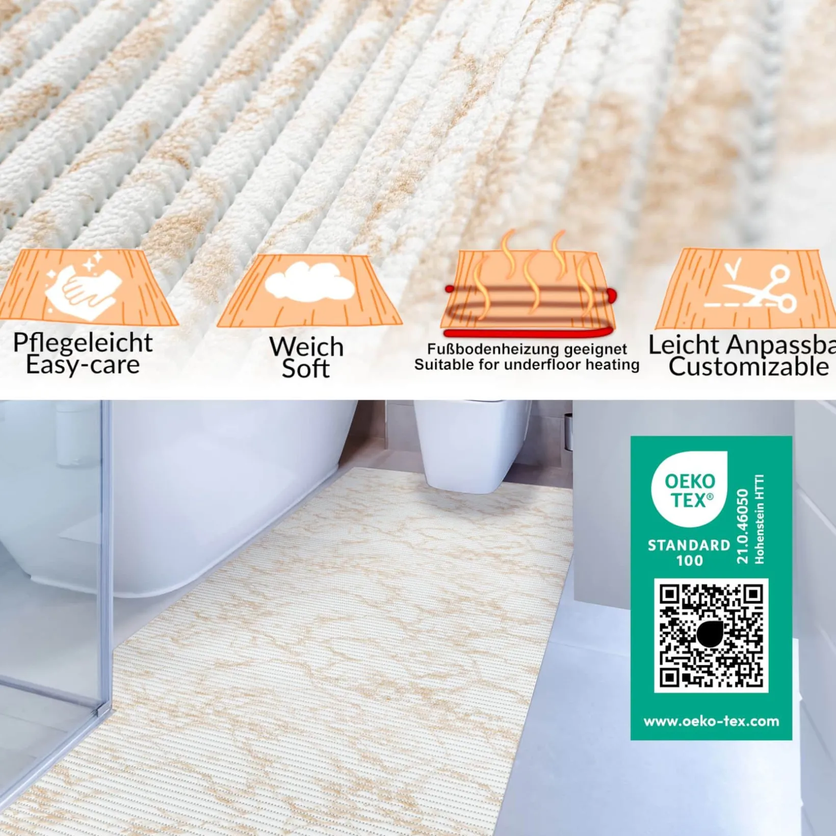 Weichschaummatte Bad Weichschaum Badematte Marmor 4 Farben Blau Beige Braun Grau 65cm Breite